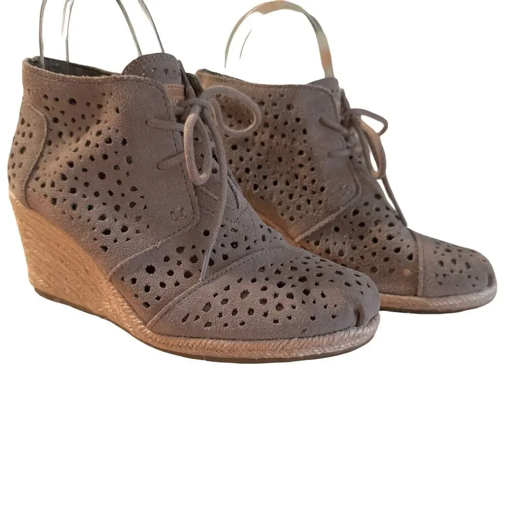 Toms Suede Leather Laser Cut Out Espadrille Wedge Ankle Booties Shoes sz 6.5